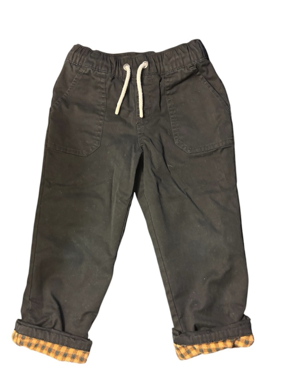 Kids Fleeced Black Drawstring Pants with Plaid Cuff